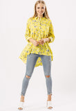 Yellow Floral Print Button Down Dip Hem Shirt