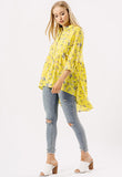 Yellow Floral Print Button Down Dip Hem Shirt