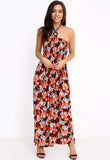 Brown Strapless Floral Maxidress with Neck Tie