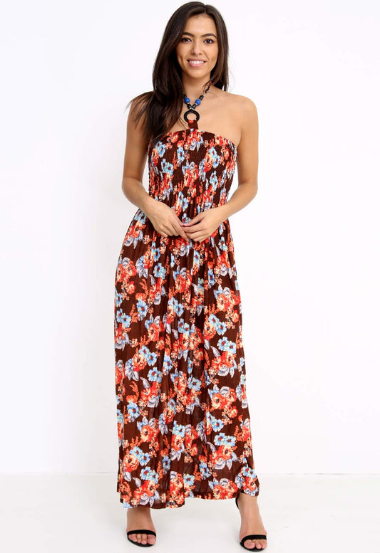 Brown Strapless Floral Maxidress with Neck Tie