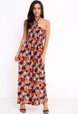 Brown Strapless Floral Maxidress with Neck Tie