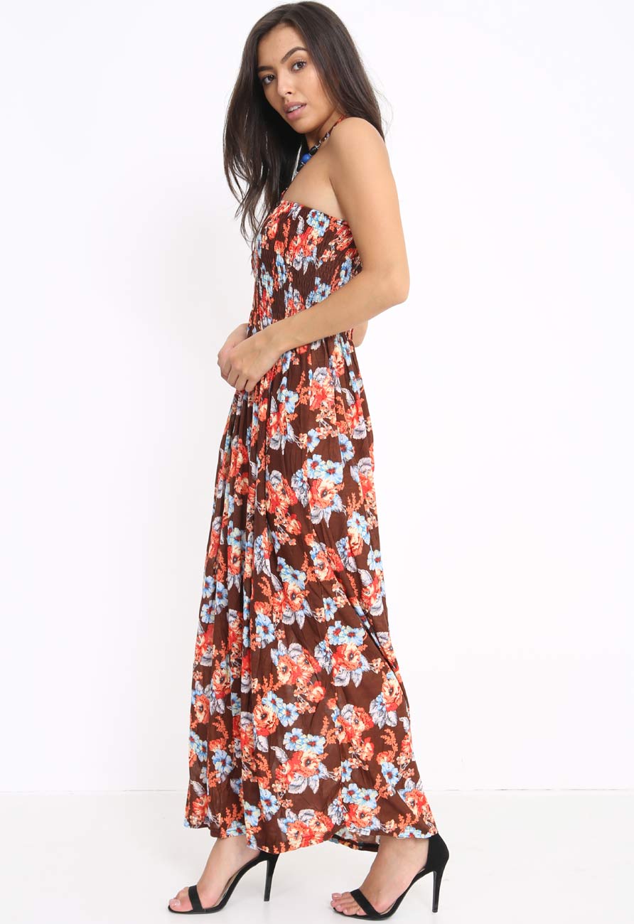 Brown Strapless Floral Maxidress with Neck Tie