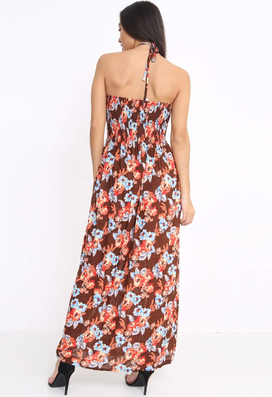 Brown Strapless Floral Maxidress with Neck Tie