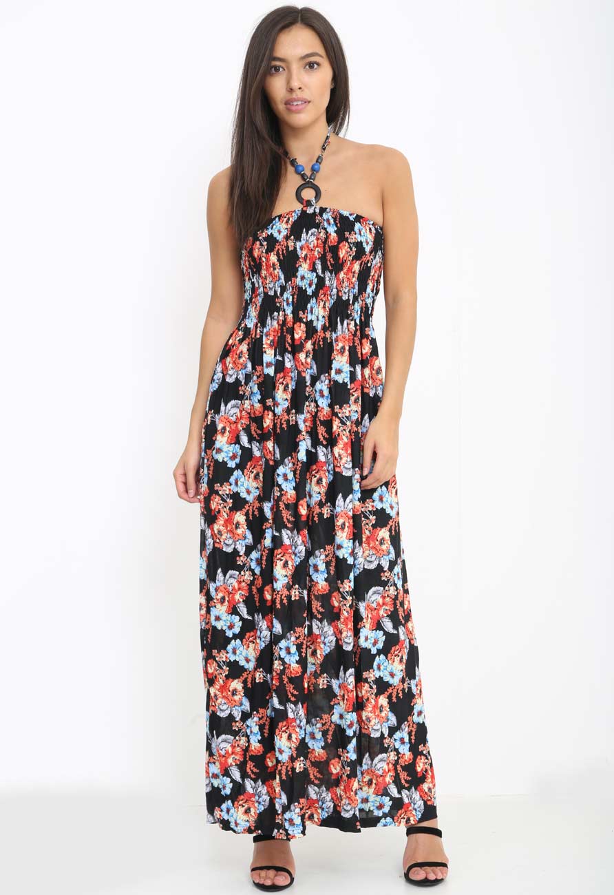 Black Strapless Floral Maxidress with Neck Tie