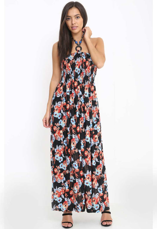 Black Strapless Floral Maxidress with Neck Tie