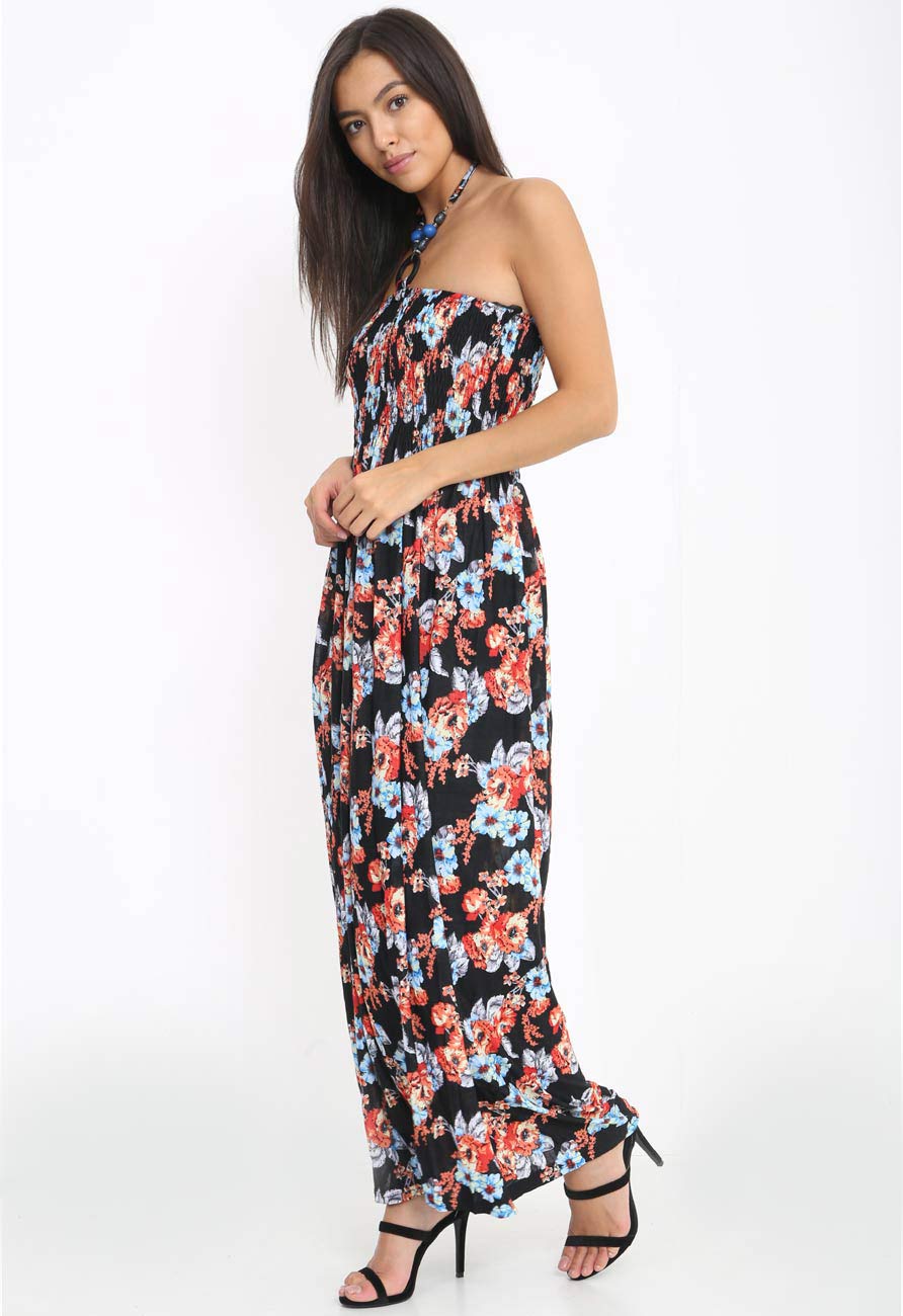 Black Strapless Floral Maxidress with Neck Tie