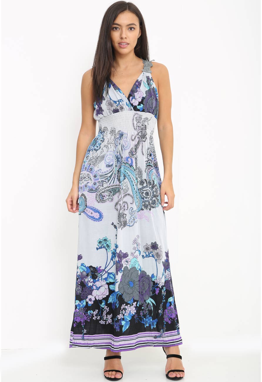 Purple Paisley Print  Maxidress With Mesh Back