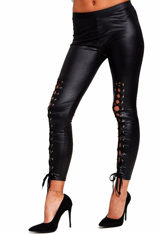 Black Faux Leather Front Lace Up Leggings