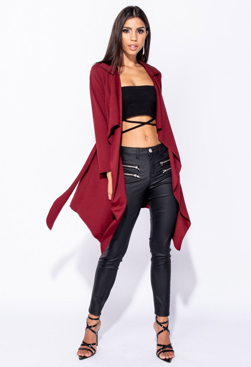 Wine Belted Waterfall Collar Coat