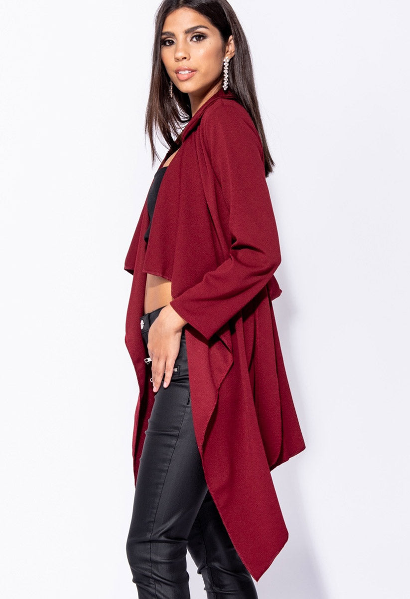 Wine Belted Waterfall Collar Coat