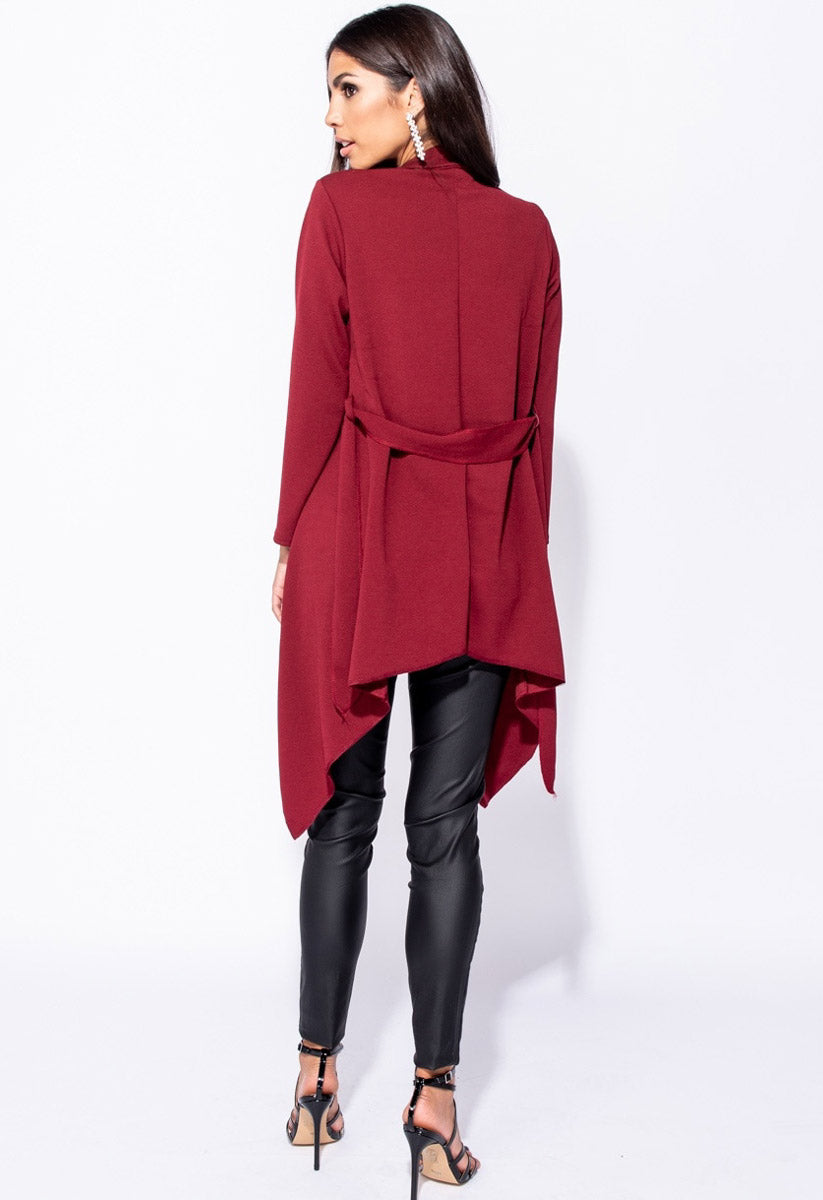 Wine Belted Waterfall Collar Coat