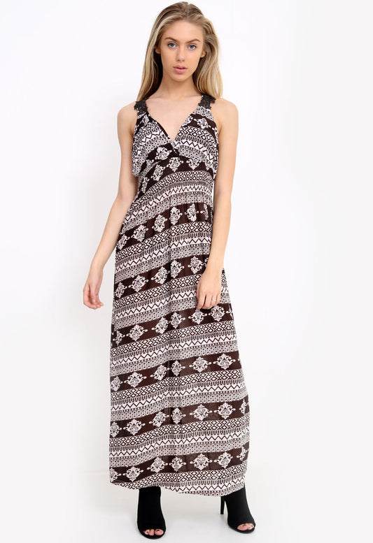 Brown Aztec Print Mesh Back Maxi Dress