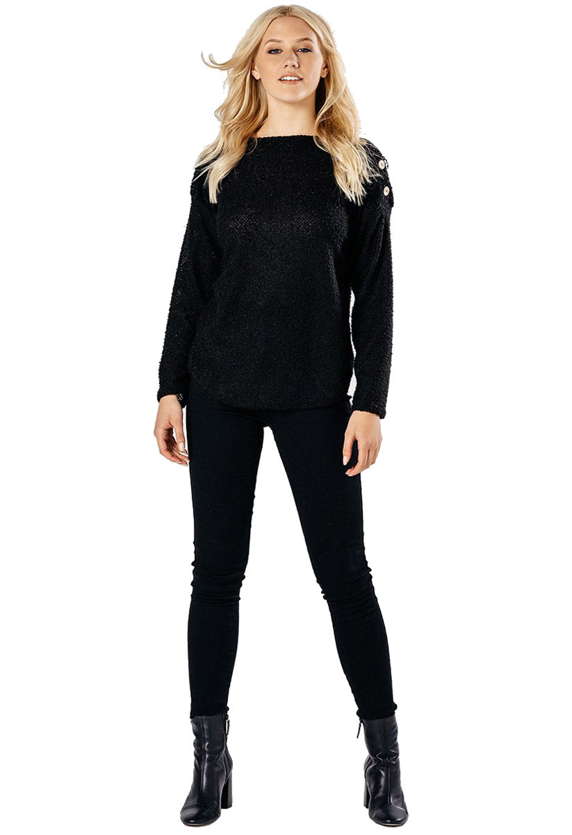 Black Wide Neck Knitted Jumper With Button Detail