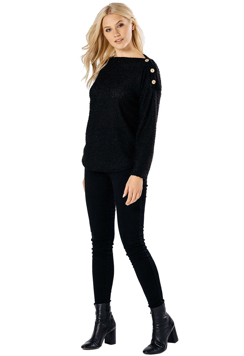 Black Wide Neck Knitted Jumper With Button Detail