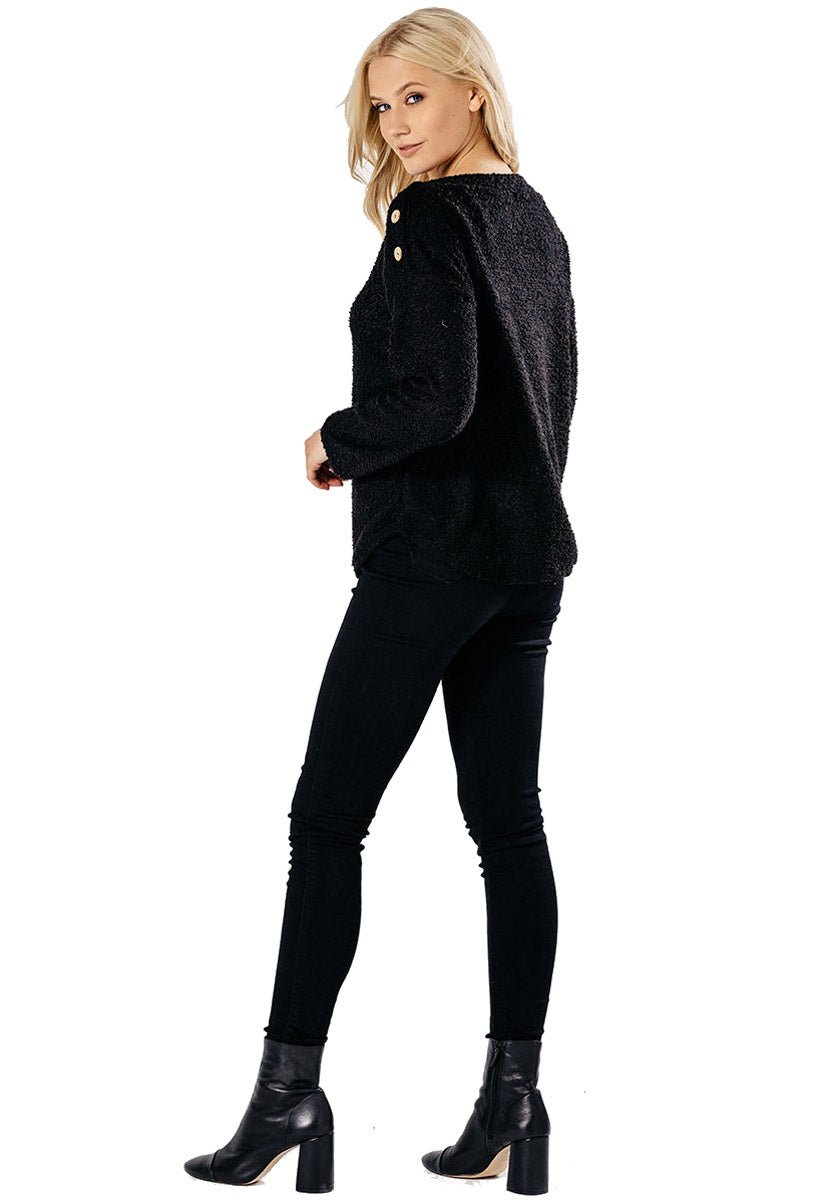 Black Wide Neck Knitted Jumper With Button Detail