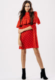 Red Polka Dot High Neck Ruffle Mini Shift Dress