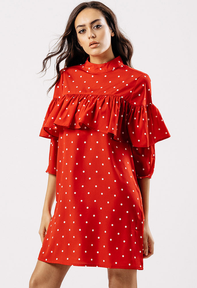 Red Polka Dot High Neck Ruffle Mini Shift Dress