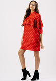 Red Polka Dot High Neck Ruffle Mini Shift Dress