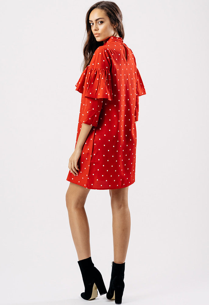 Red Polka Dot High Neck Ruffle Mini Shift Dress