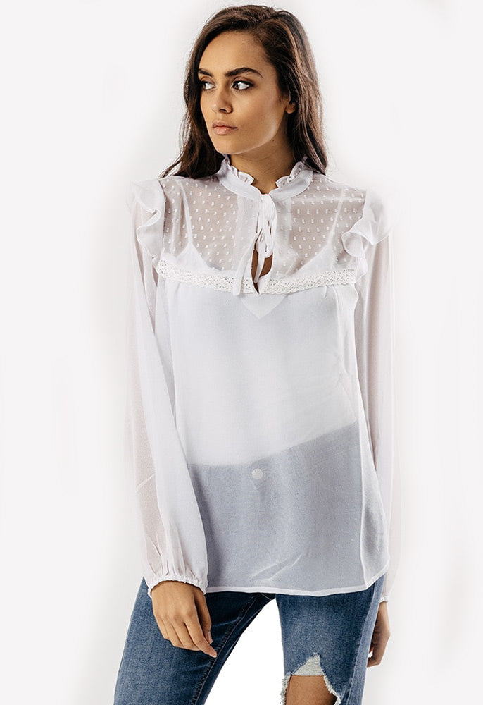 White Tie Neck Long Sleeve Blouse