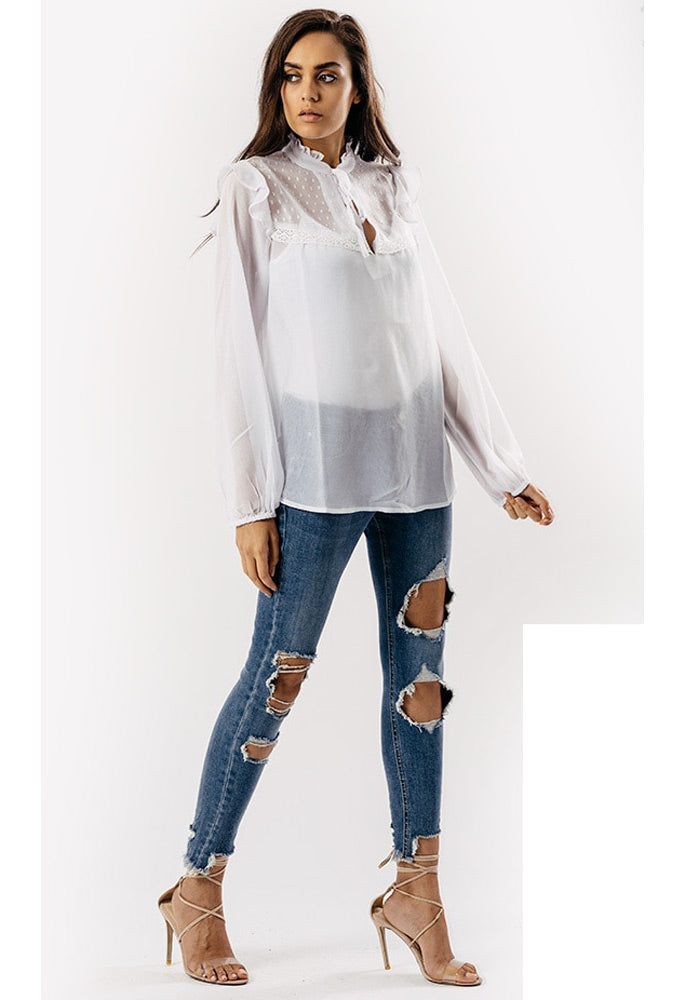 White Tie Neck Long Sleeve Blouse