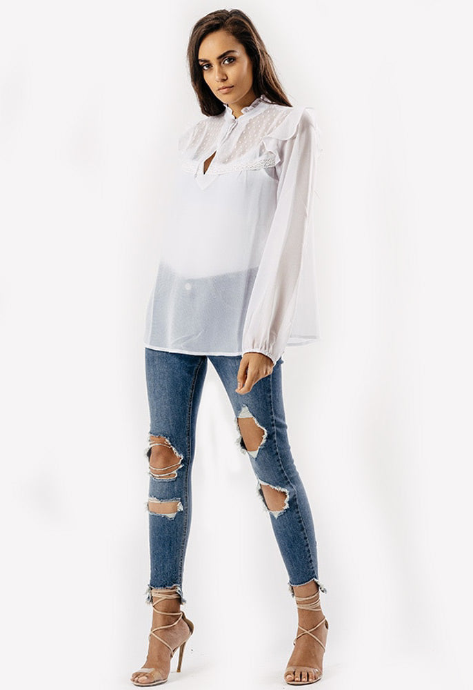 White Tie Neck Long Sleeve Blouse