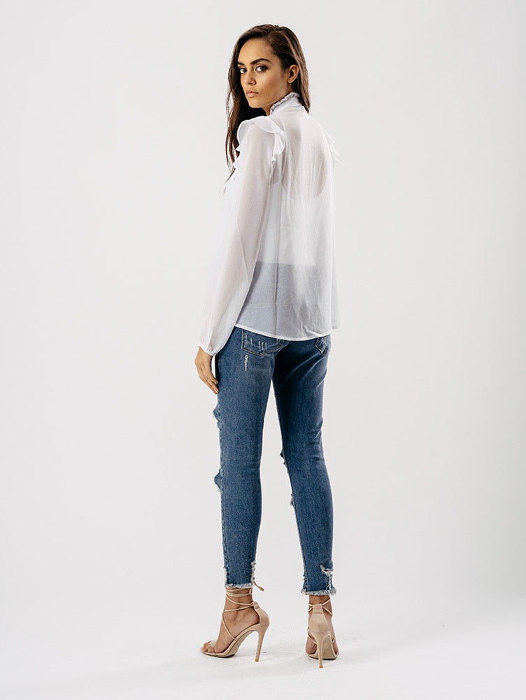 White Tie Neck Long Sleeve Blouse