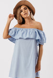 Light Blue Shirting Cotton Bardot Tier Dress