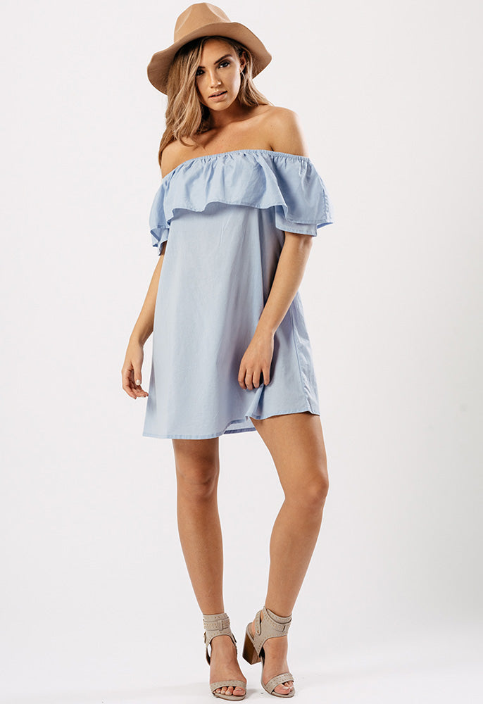 Light Blue Shirting Cotton Bardot Tier Dress