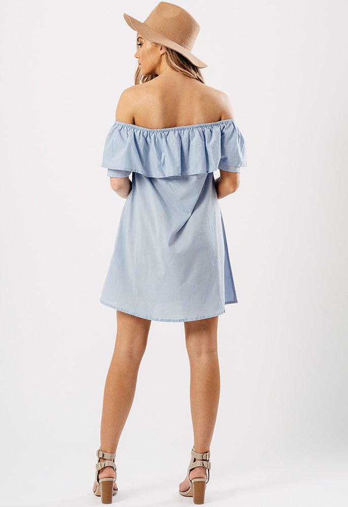 Light Blue Shirting Cotton Bardot Tier Dress