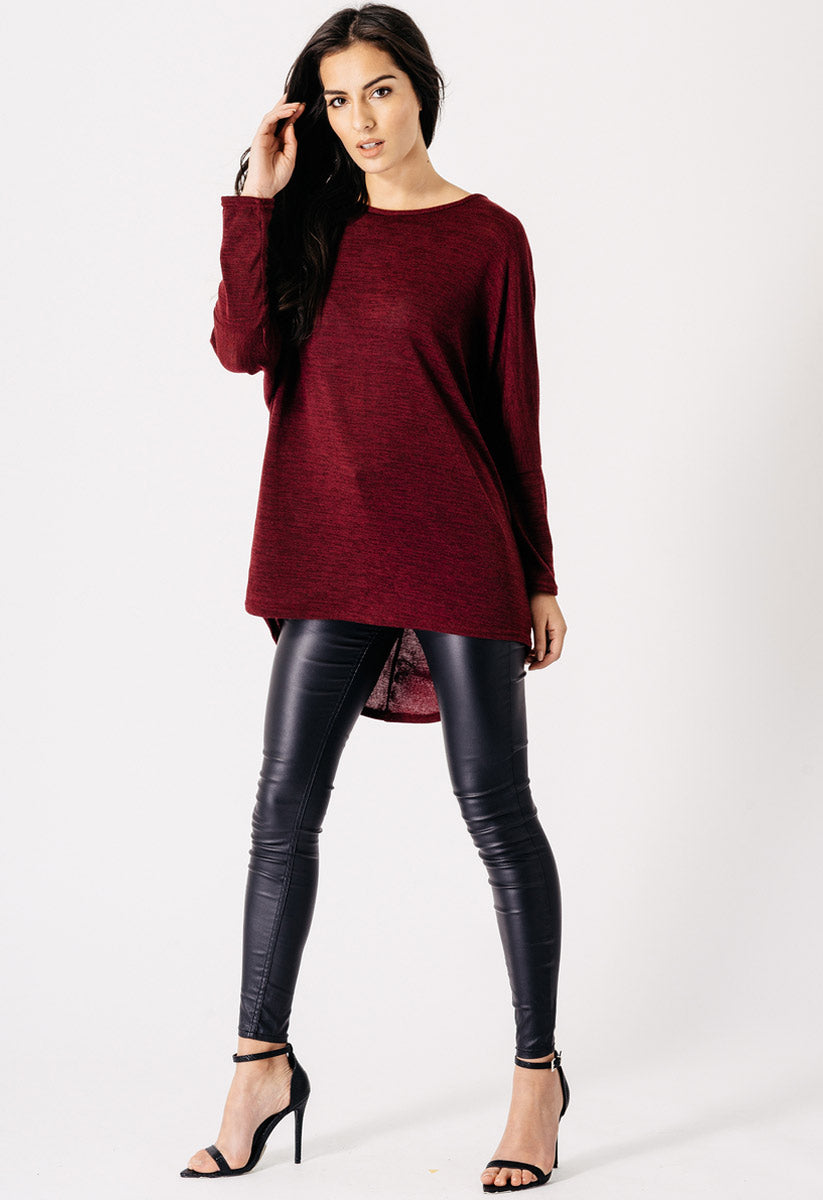 Wine Jersey Oversized Long Sleeve Dip Hem Batwing Top