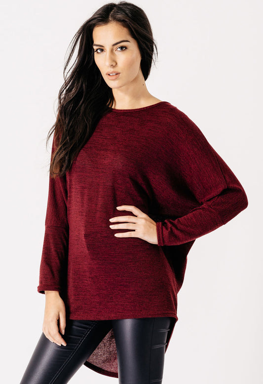 Wine Jersey Oversized Long Sleeve Dip Hem Batwing Top