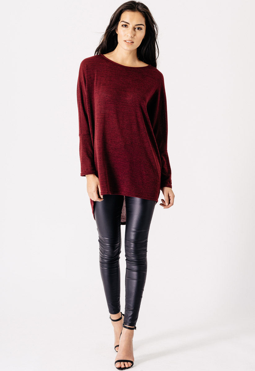 Wine Jersey Oversized Long Sleeve Dip Hem Batwing Top