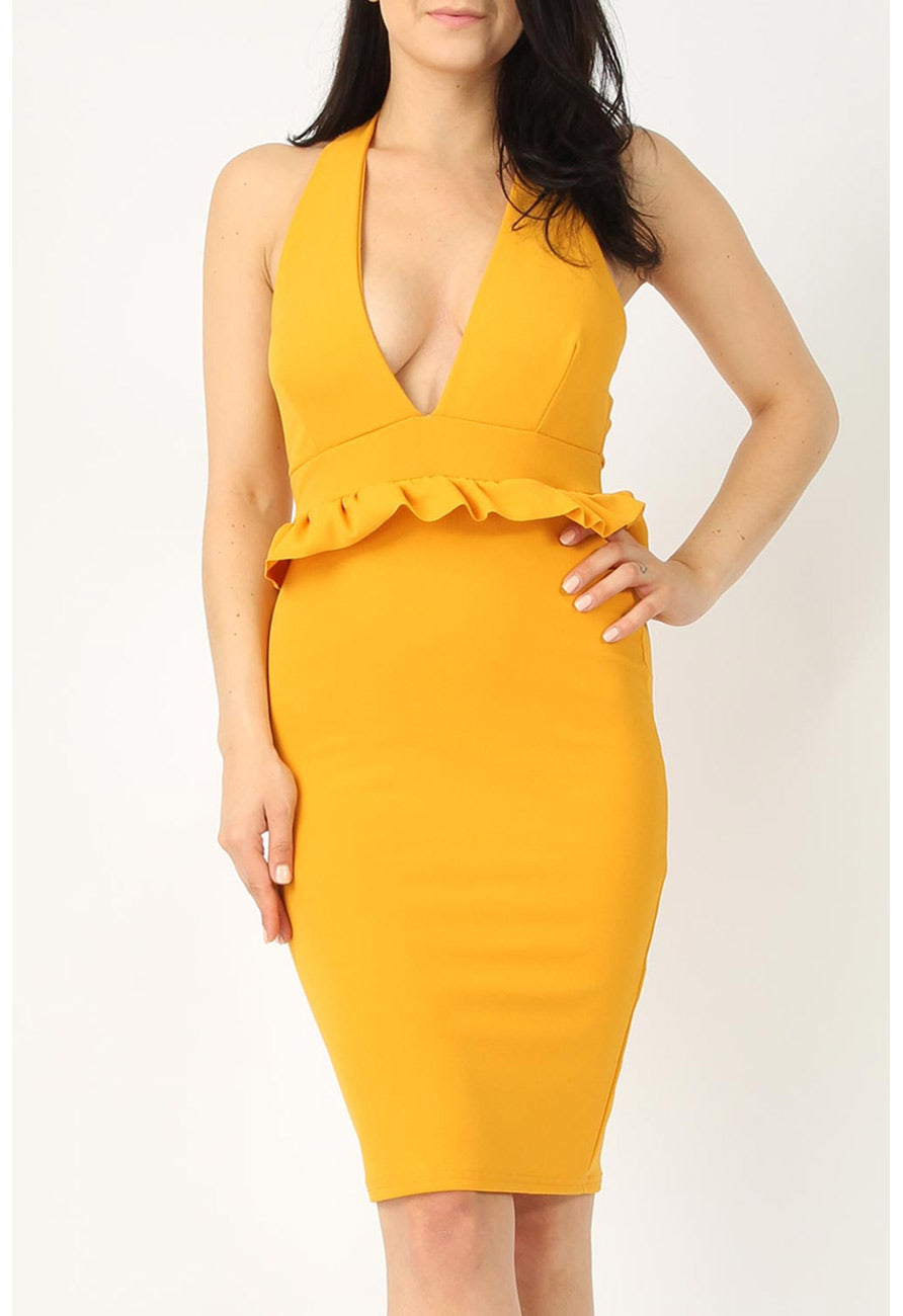 Mustard T-Bar Frill Midi Bodycon Dress