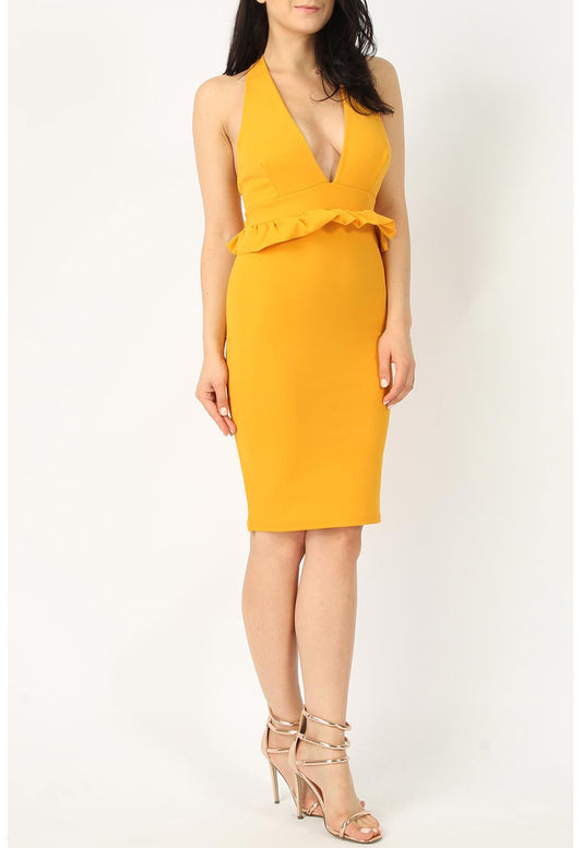 Mustard T-Bar Frill Midi Bodycon Dress