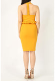 Mustard T-Bar Frill Midi Bodycon Dress