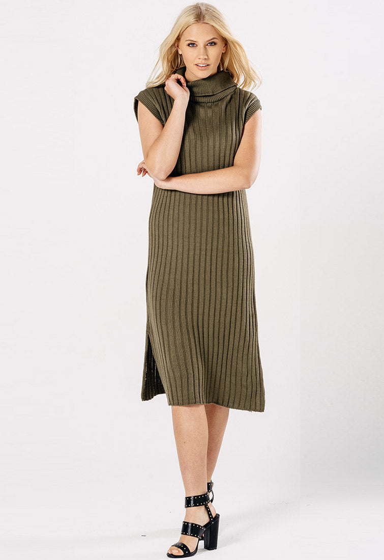 Khaki Ribbed High Neck Midi Bodycon Dress