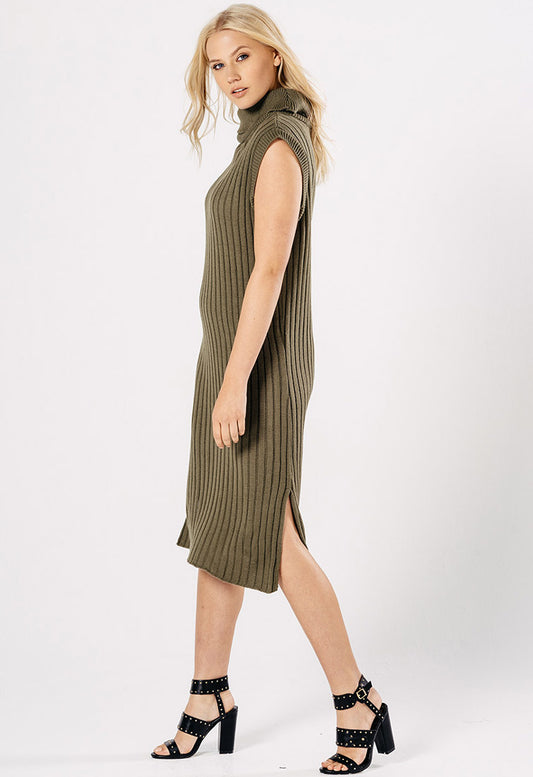 Khaki Ribbed High Neck Midi Bodycon Dress