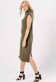 Khaki Ribbed High Neck Midi Bodycon Dress