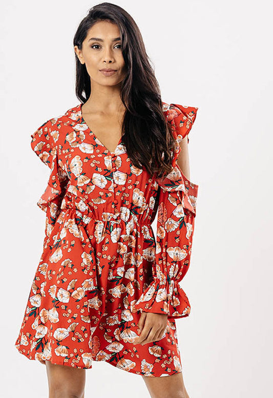 Red Floral Cold Shoulder Ruffle Tea Dress