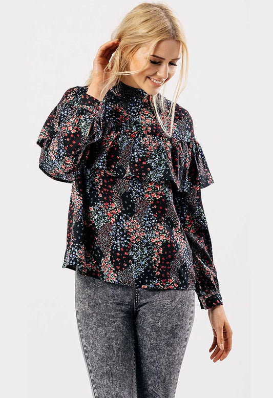 Black Printed High Neck Ruffle Blouse