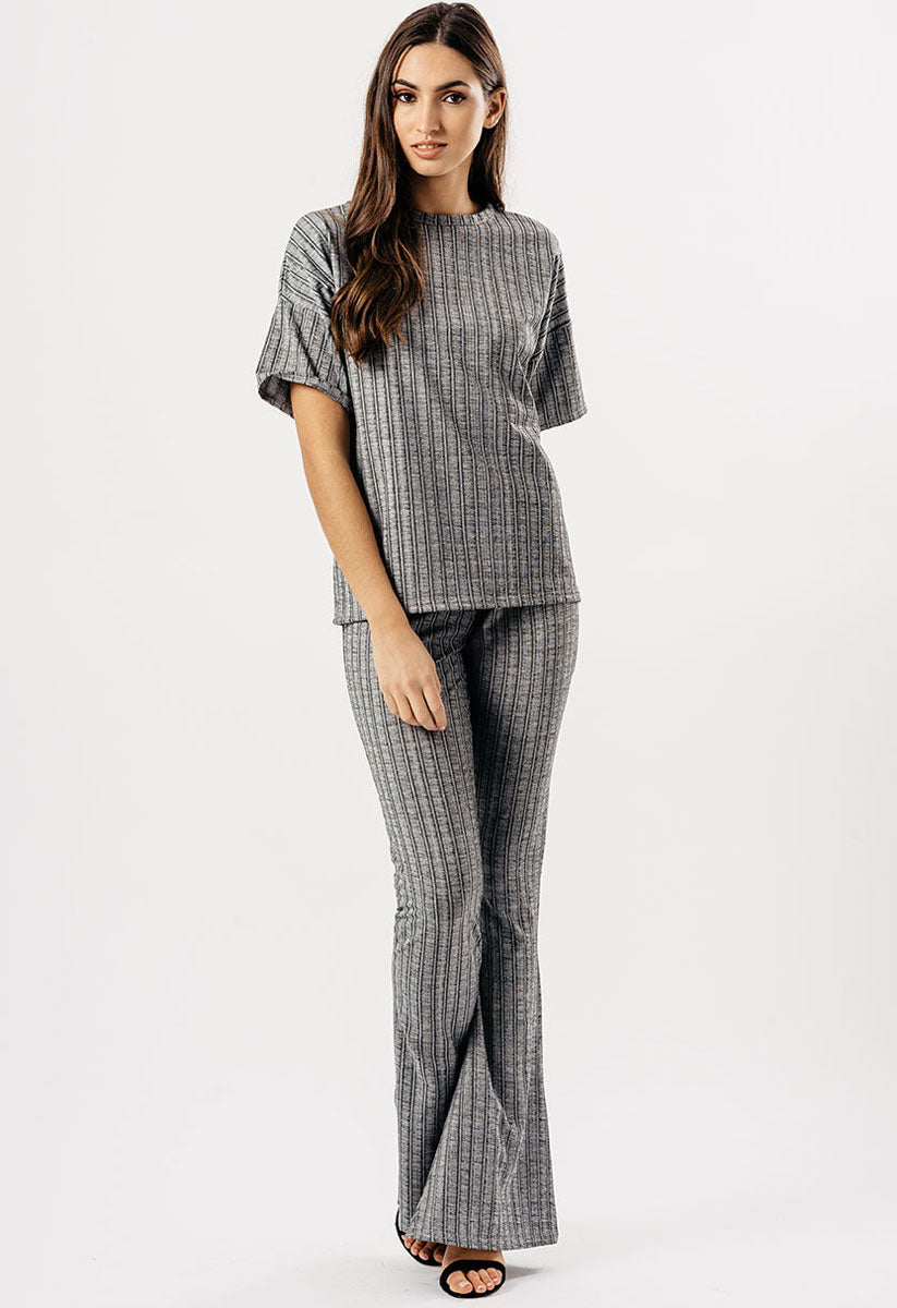 Grey Ribbed Wide Flare Trouser Set