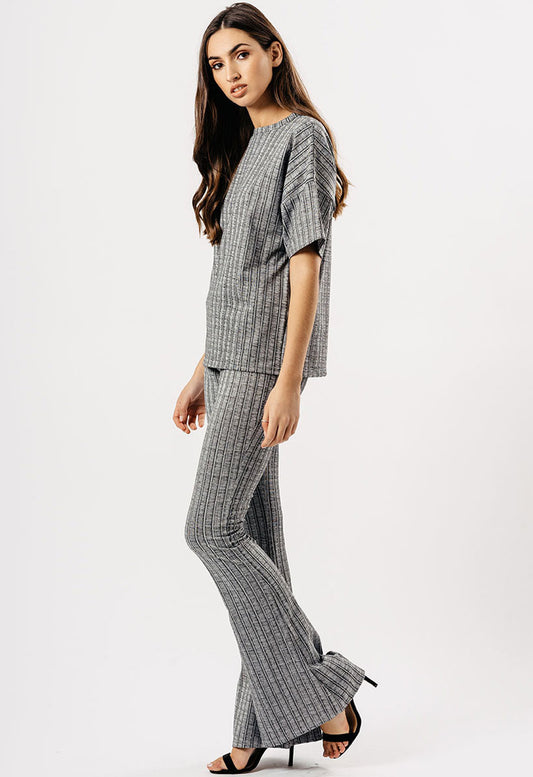 Grey Ribbed Wide Flare Trouser Set