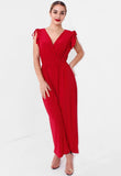 Red V Neck Wide Legs Jumpsuit