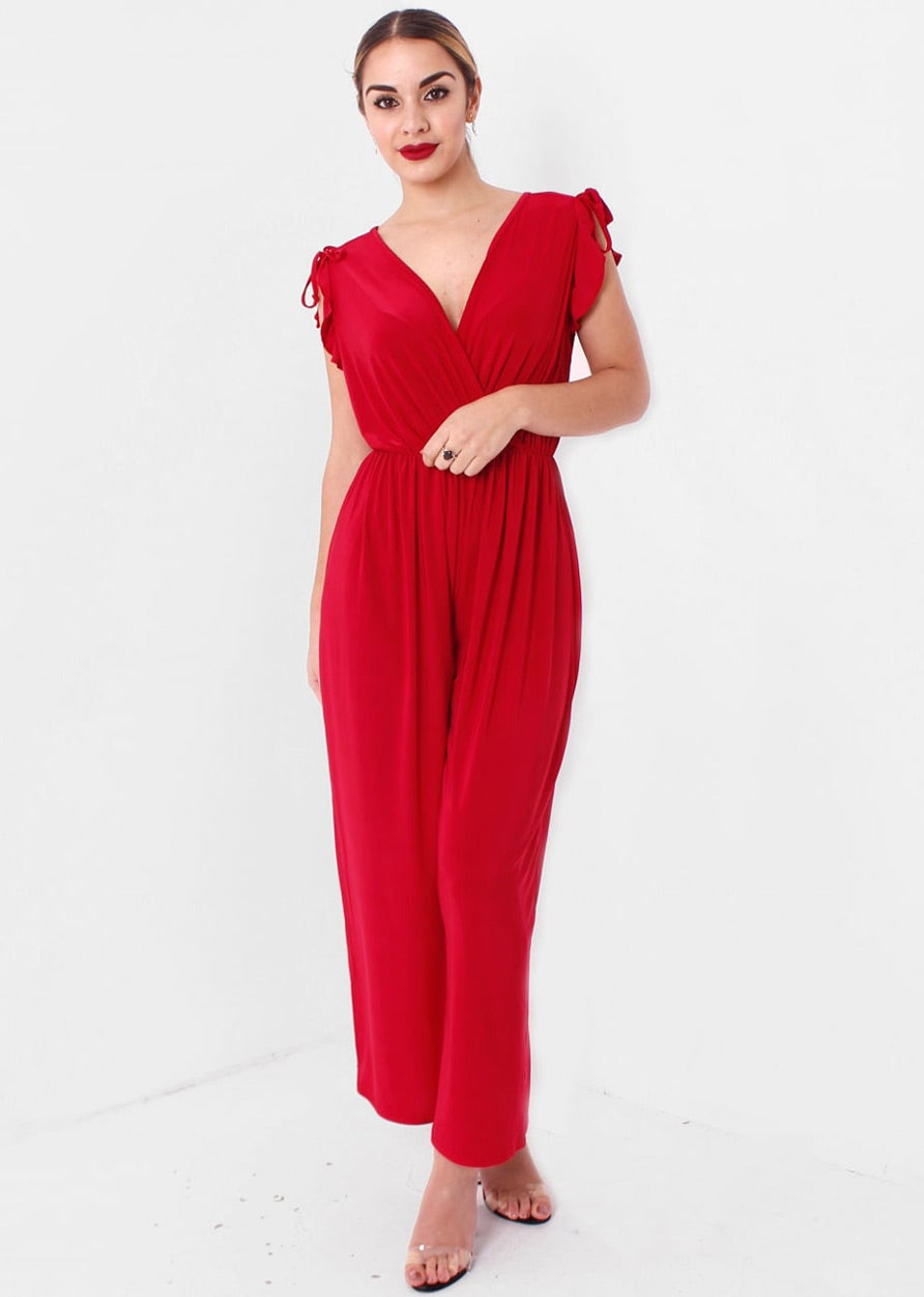 Red V Neck Wide Legs Jumpsuit