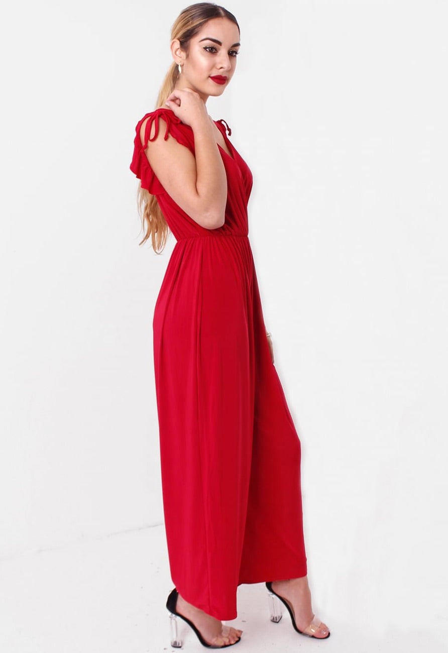 Red V Neck Wide Legs Jumpsuit