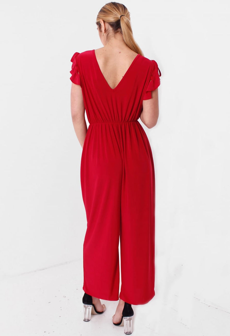 Red V Neck Wide Legs Jumpsuit