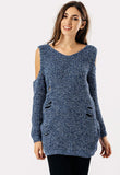 Blue Distressed Cold Shoulder Knitted Jumper