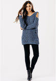 Blue Distressed Cold Shoulder Knitted Jumper