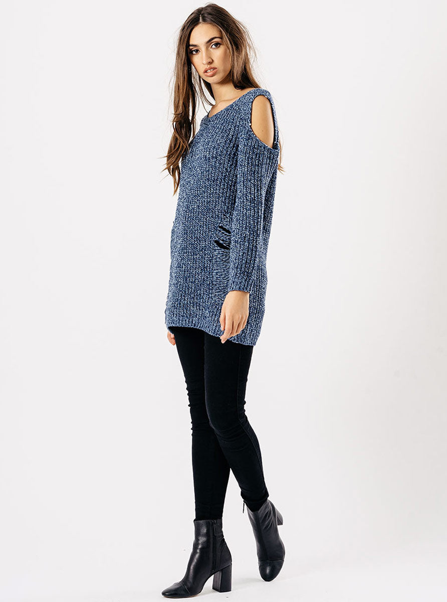 Blue Distressed Cold Shoulder Knitted Jumper